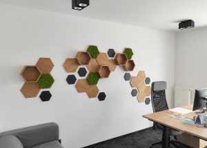 Biuro pomysł na ścianę drewniane panele ścienne heksagon Skotiwood