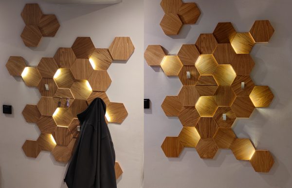 heksagon podświetlany, drewniane panele skotiwood